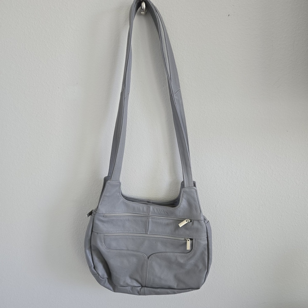 Women's Genuine Leather Gray Purse Double Strap Shoulder Bag Many Zipper Pockets